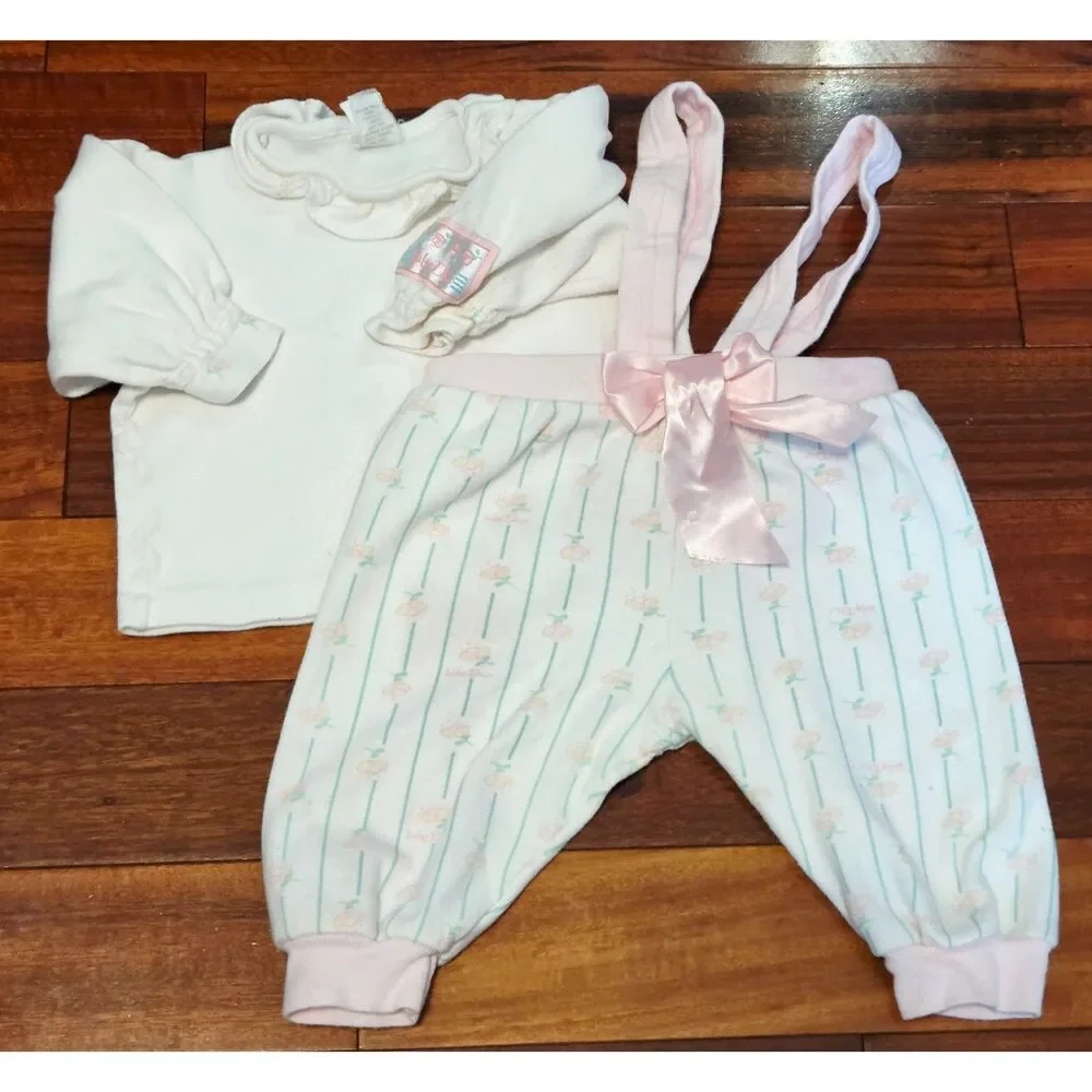 Vintage 90s Baby Dior Girl 2pc Set Ruffle Mock Neck Bow Overalls 6-9M